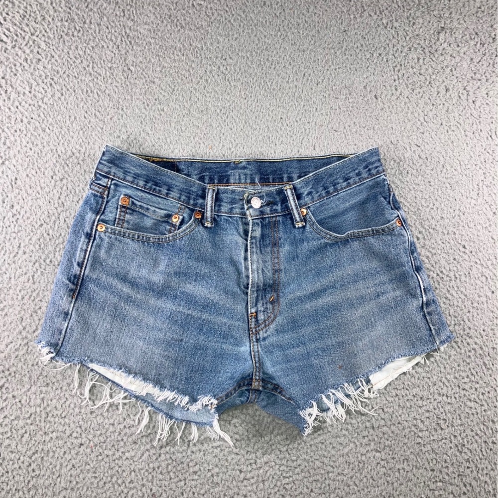 Levi's 505 Denim Shorts Women 32 Blue Cutoff Jorts Frayed Raw Hem Outdoor Flaw